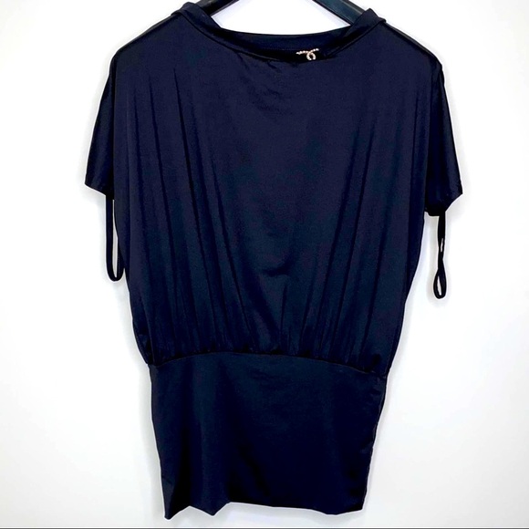 unknown Tops - Black Oversized Short Sleeve Blouse w/ Rhinestone Size Large Classy Black Tie